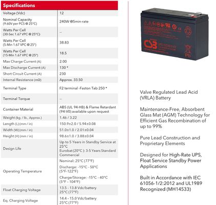 Bateria CSB UPS122406 12V 240W VRLA livre de manutenção Bateria de chumbo ácido 240W para UPS Data Center